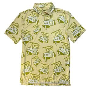 SOSIK Golf Cart Print Polo Shirt Men’s Small Yellow Funny Golf Tee